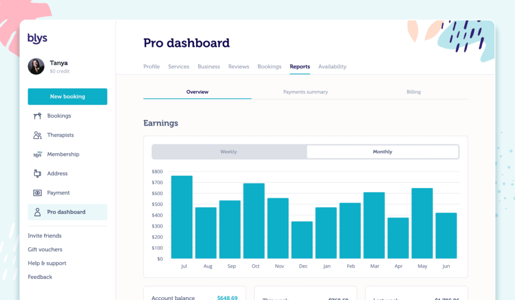 Blys new app pro dashboard