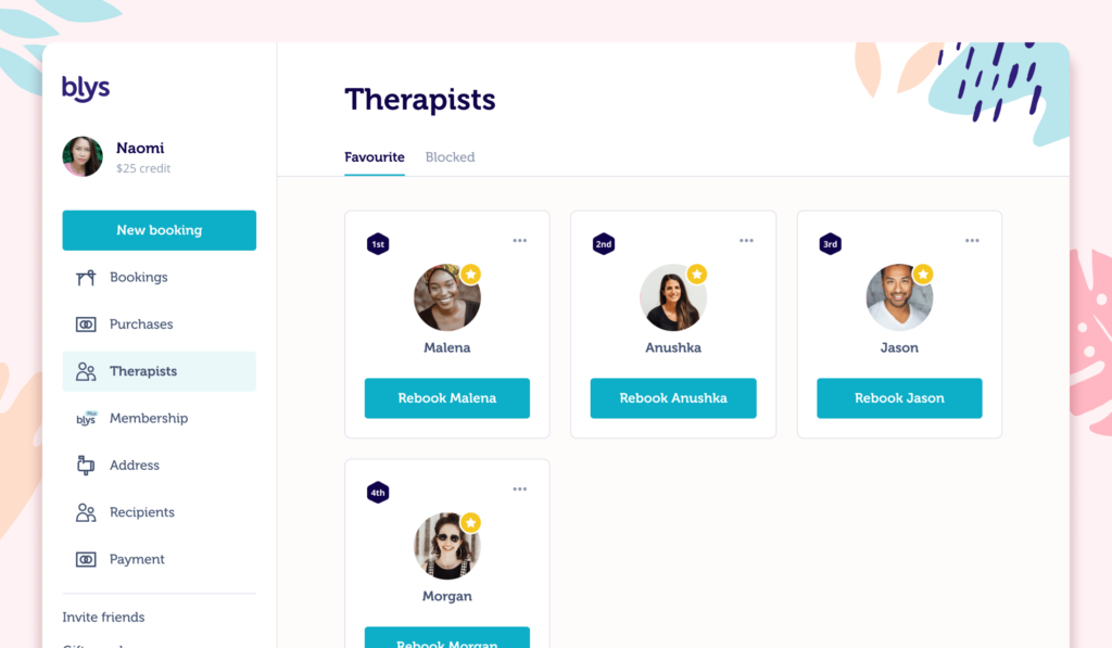 Blys web app favourite therapists
