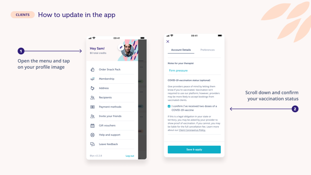 Blys covid badge 'how to' page on updating vaccination status in the app