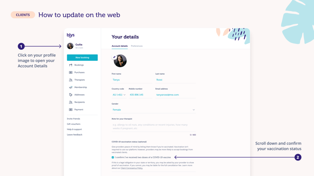 Blys covid badge 'how to' page on updating vaccination status in the website