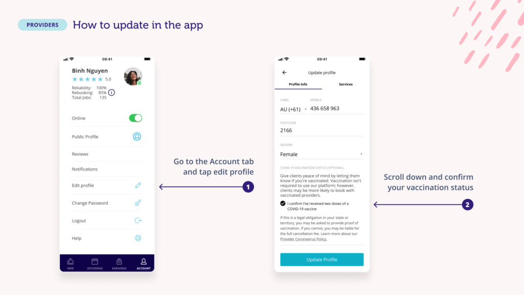 Blys covid badge 'how to' page on updating vaccination status on the app