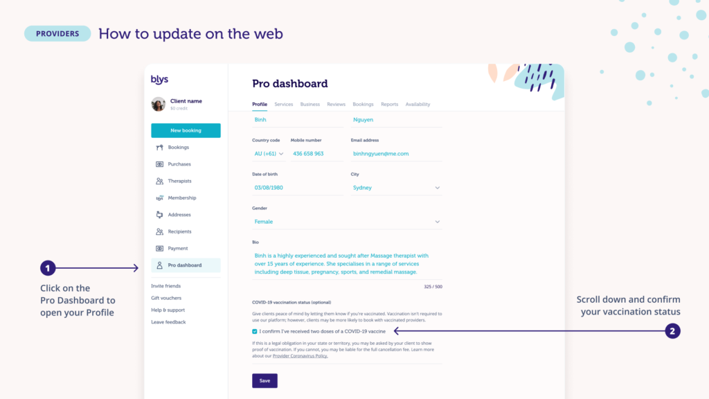 Blys covid badge 'how to' page on updating vaccination status on the web