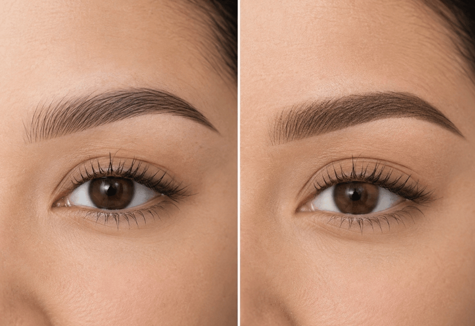 Side-by-side close-ups of an ombre brow and a powder brow, showing a polished, natural beauty result.
