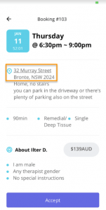 Blys massage therapist app - booking item page - address link