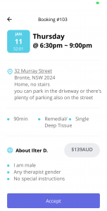 Blys massage therapist app - booking item page - step 1