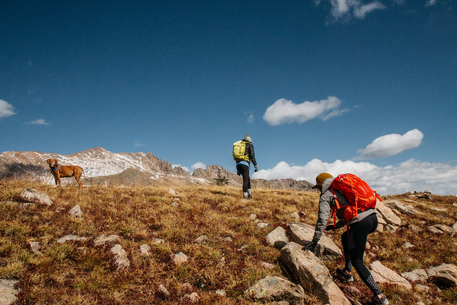 Self-care resolutions blog - two people hiking into rocky outcrop with a dog