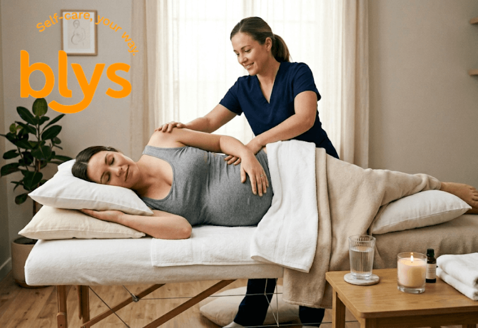 a female therapist giving massage to a pregnant lady