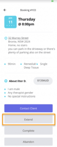 Blys massage therapist app - booking item page - extend cta