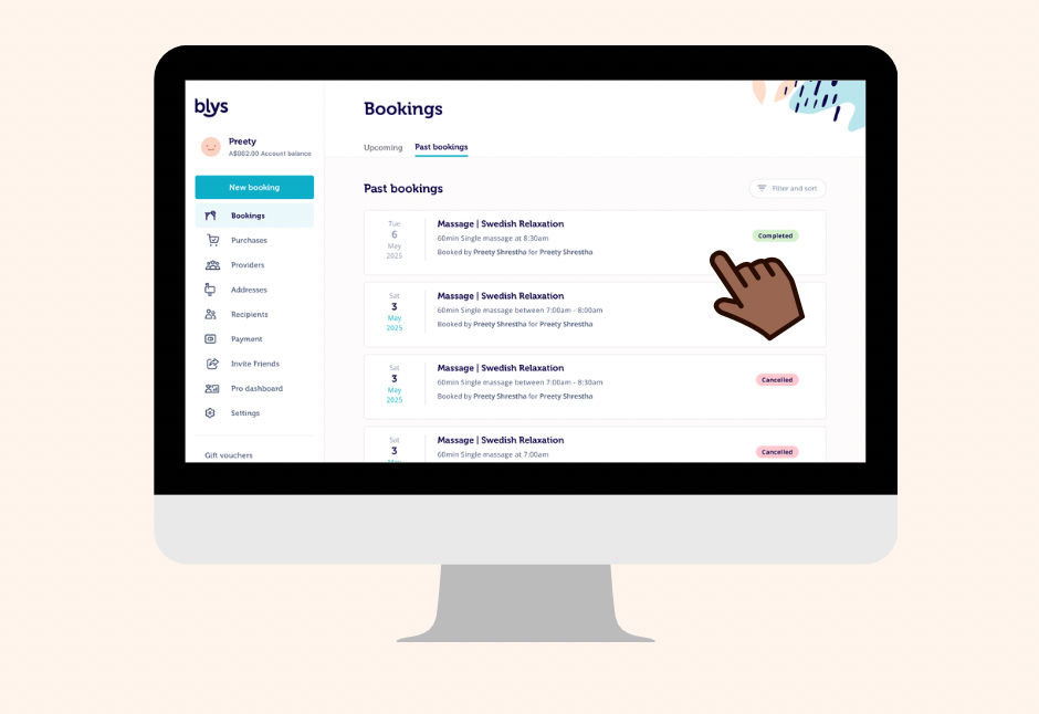 Past booking selection pro dashboard