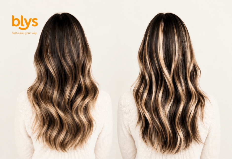 Side-by-side rear view of two women with long, wavy brunette hair featuring one with warm caramel balayage and the other in highlights, styled in glossy, flowing layers.