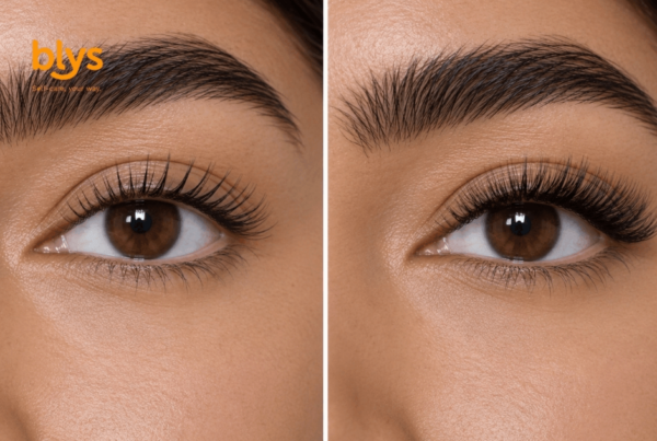 Side-by-side close-up of a brown eye and full dark eyebrow, showing long, lifted eyelashes before and after a beauty treatment; polished, natural look.