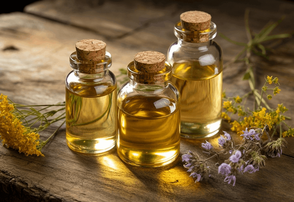 Three corked glass bottles of golden herbal massage oil sit on rustic wood beside yellow and purple flowers, evoking a warm, natural apothecary mood.