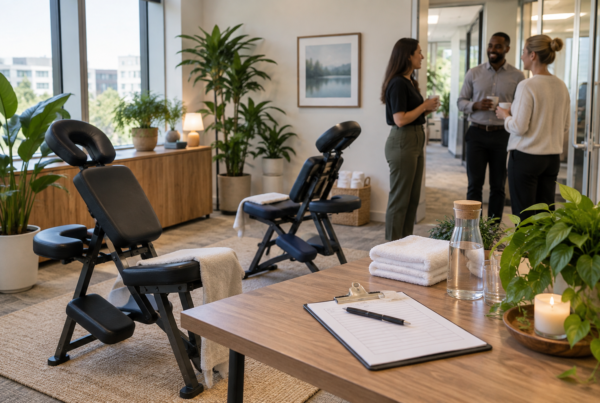 Office meeting room set up for a massage day