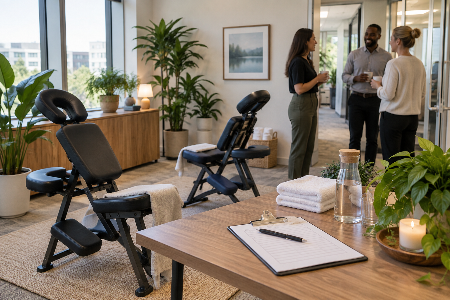 Office meeting room set up for a massage day