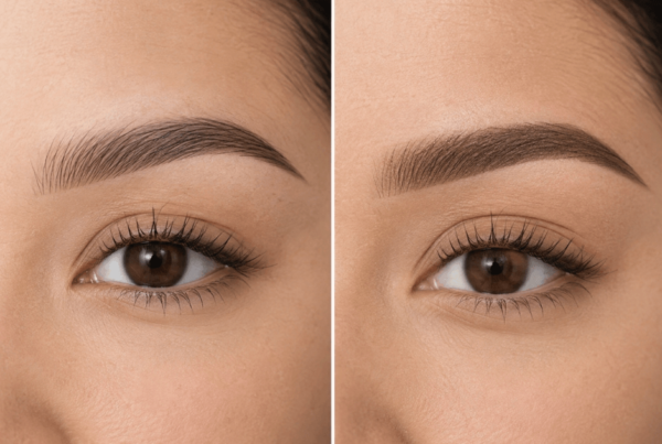 Side-by-side close-ups of an ombre brow and a powder brow, showing a polished, natural beauty result.