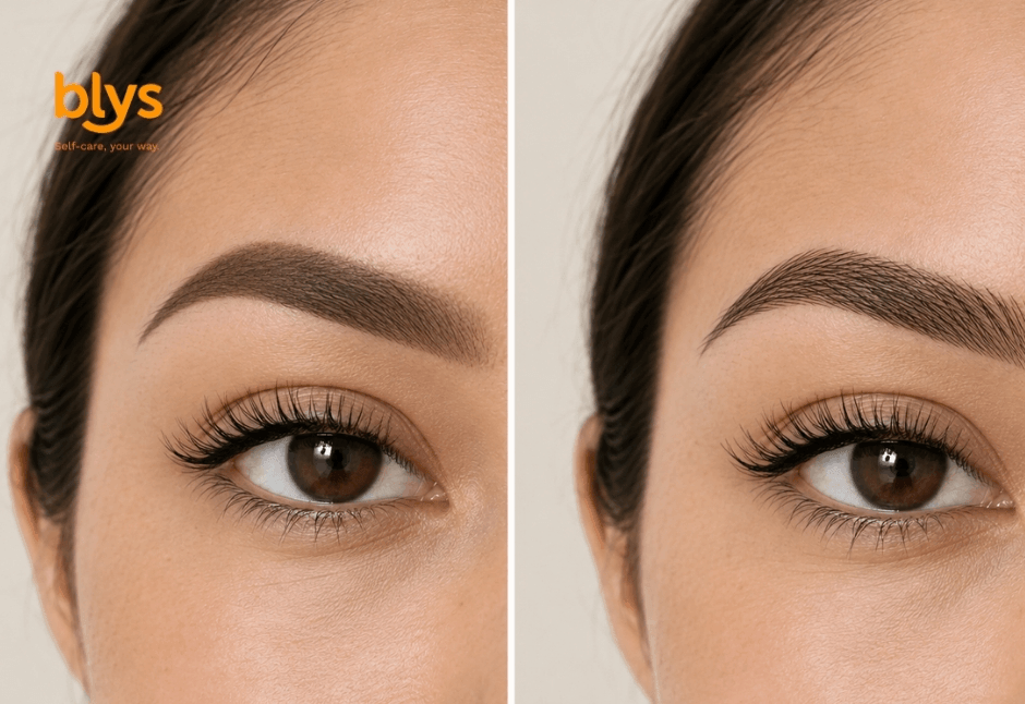 Side-by-side close-ups of a woman’s eyebrow and eye, one after powder and other after microblading; a polished beauty-care comparison.